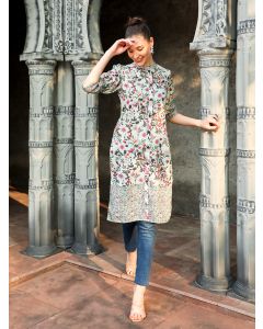 Green Floral Printed Straight Kurta