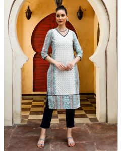White And Blue Ethnic Printed Straight Kurta