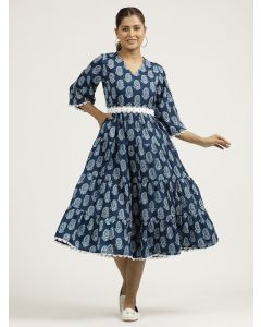 Paisley Indigo Blue Tier Cotton Dress With Belt