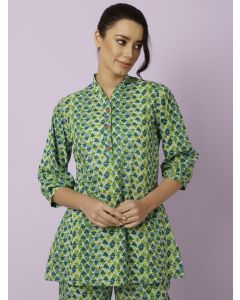 Green Geometric Printed Kurta With Palazzo Loungewear 