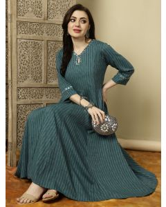 Teal Mirror Work A-line Kurta With Palazzo 