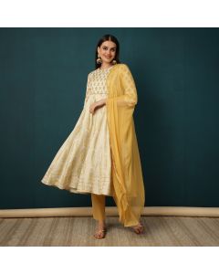 Ethnic Motifs Printed A-Line Cotton Blend Kurta & Trousers Sets-1A24KPTDR002 OFFWHITE & YELLOW