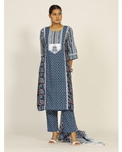 Indigo Blue Embroidered Cotton Straight Kurta Set with Dupatta