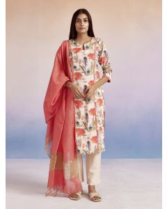 Coral Floral Cotton Straight Kurta Set With Dupatta