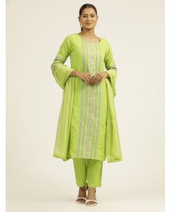 Solid Embroidered Straight Pure Cotton Kurta & Trousers Sets-1A24KPTDR009 LIME GREEN