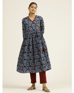 Ethnic Printed Indigo Cotton Gathered Kurta