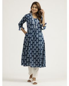Indigo Blue Paisley Printed Pakistani Kurta