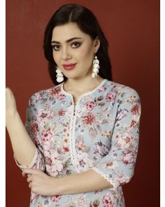 Blue Floral Printed Straight Kurta 