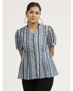 Indigo Printed Cotton Pleated Top