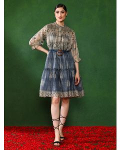 Floral Printed A-Line Cotton Blend Ethnic Dress-1A25DRESR002 Blue