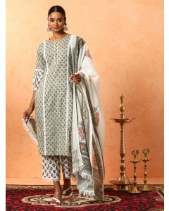 Floral Embroidered A-Line Pure Cotton Kurta & Trousers Sets-1A25KPLDR001 Green