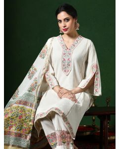 Floral Embroidered A-Line Cotton Blend Kurta & Trousers Sets-1A25KPLDR002 Off White