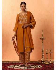 Floral Embroidered A-Line Cotton Blend Kurta & Trousers Sets-1A25KPLDR004 Brown
