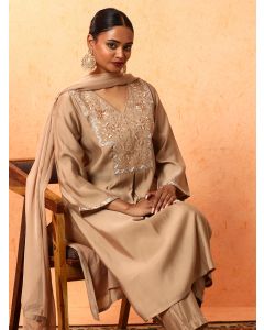 Floral Embroidered A-Line Cotton Blend Kurta & Trousers Sets-1A25KPLDR005 Beige