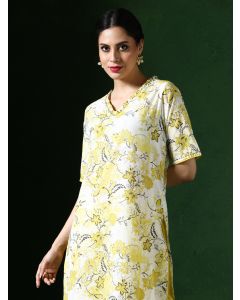 Floral Embroidered Straight Pure Cotton Kurta & Trousers Sets-1A25KPNTR001 Yellow