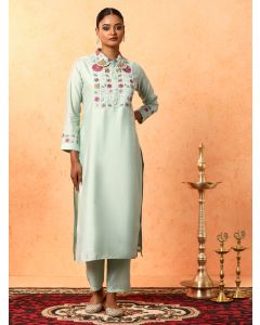 Floral Embroidered Straight Cotton Blend Kurta & Trousers Sets-1A25KPNTR002 Sea Green