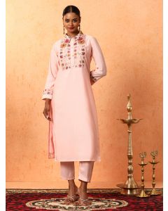 Floral Embroidered Straight Cotton Blend Kurta & Trousers Sets-1A25KPNTR002 Pink