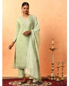 Floral Embroidered A-Line Organza Kurta & Trousers Sets-1A25KPTDR005 Green