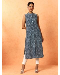 Floral Printed Straight Pure Cotton Kurta-1A25KRTAR007 Navy Blue