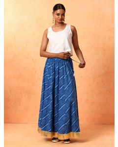 Checked Embroidered Pure Cotton Long Skirt-1A25SKIRR001 Navy Blue