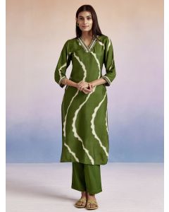 Olive Green Embroidered Leheriya Kurta Set