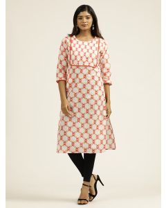 Floral Printed Straight Pure Cotton Kurta-1B24KRTAR0020 WHITE & ORANGE