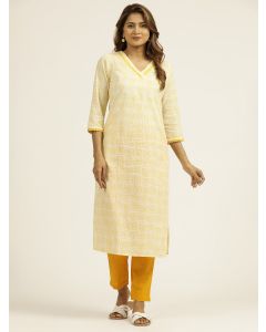 Abstract Embroidered Straight Pure Cotton Kurta-1B24KRTAR0021 OFFWHITE & YELLOW