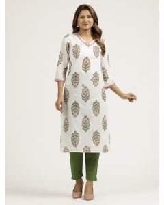 Abstract Embroidered Straight Pure Cotton Kurta-1B24KRTAR0021 WHITE & GREEN