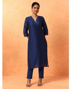 Solid Embroidered Straight Chanderi Silk Kurta-1B24KRTAR004 Navy Blue