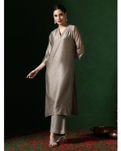 Solid Embroidered Straight Chanderi Silk Kurta-1B24KRTAR004 Brown