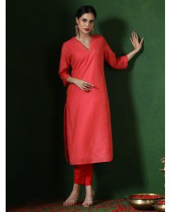 Solid Embroidered Straight Chanderi Silk Kurta-1B24KRTAR004 Coral