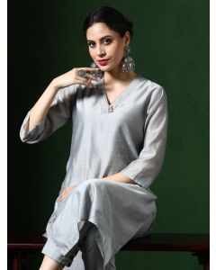 Solid Embroidered Straight Chanderi Silk Kurta-1B24KRTAR004 Grey
