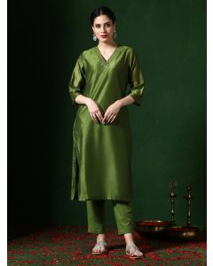 Solid Embroidered Straight Chanderi Silk Kurta-1B24KRTAR004 Olive Green