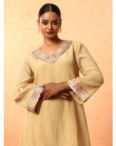 Solid Embroidered A-Line Silk Blend Kurta & Palazzos Sets-1B25COORR0014 Gold