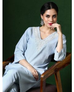 Solid Embroidered A-Line Cotton Blend Kurta & Trousers Sets-1B25COORR0015 Light Blue