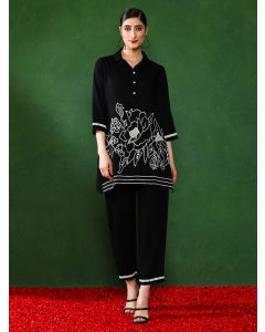 Floral Embroidered A-Line Top & Trousers Sets-1B25COORR0019 Black