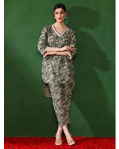 Floral Embroidered A-Line Top & Trousers Sets-1B25COORR0020 Green