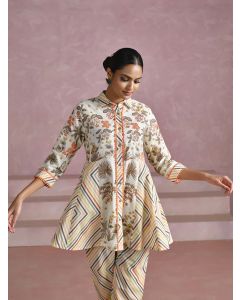 Embroidered A-Line Pure Cotton Top & Trousers Co-Ord Set-1B25COORR004 Off White