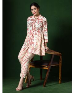 Floral Embroidered A-Line Pure Cotton Top & Trousers Sets-1B25COORR004 Pink