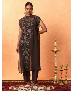 Floral Embroidered A-Line Organza Kurta & Trousers Sets-1B25COORR006 Black