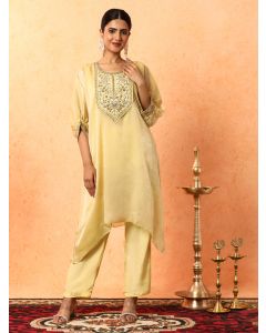 Floral Embroidered A-Line Organza Kurta & Trousers Sets-1B25COORR007 Yellow