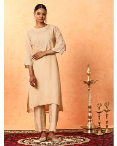 Floral Embroidered A-Line Organza Kurta & Trousers Sets-1B25COORR008 Beige