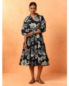 Floral Embroidered A-Line Pure Cotton Ethnic Dress-1B25DRESR001 Navy Blue