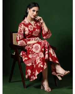 Floral Embroidered A-Line Pure Cotton Ethnic Dress-1B25DRESR001 Red