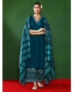 Solid Embroidered A-Line Kurta & Trousers Sets-1B25KPLDR006 Teal