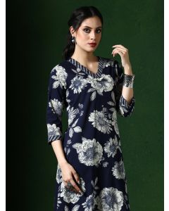 Floral Embroidered A-Line Pure Cotton Kurta & Palazzos Sets-1B25KPLZR001 Navy Blue