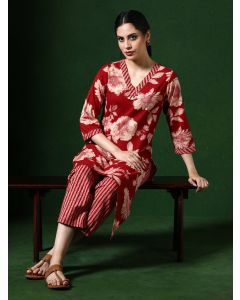 Floral Embroidered A-Line Pure Cotton Kurta & Palazzos Sets-1B25KPLZR001 Red