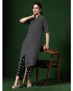 Striped Printed A-Line Pure Cotton Kurta & Palazzos Sets-1B25KPLZR002 Black