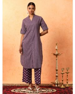Striped Printed A-Line Pure Cotton Kurta & Palazzos Sets-1B25KPLZR002 Purple