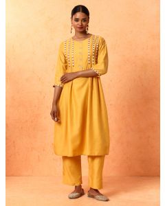 Floral Embroidered A-Line Silk Blend Kurta & Palazzos Sets-1B25KPLZR006 Yellow